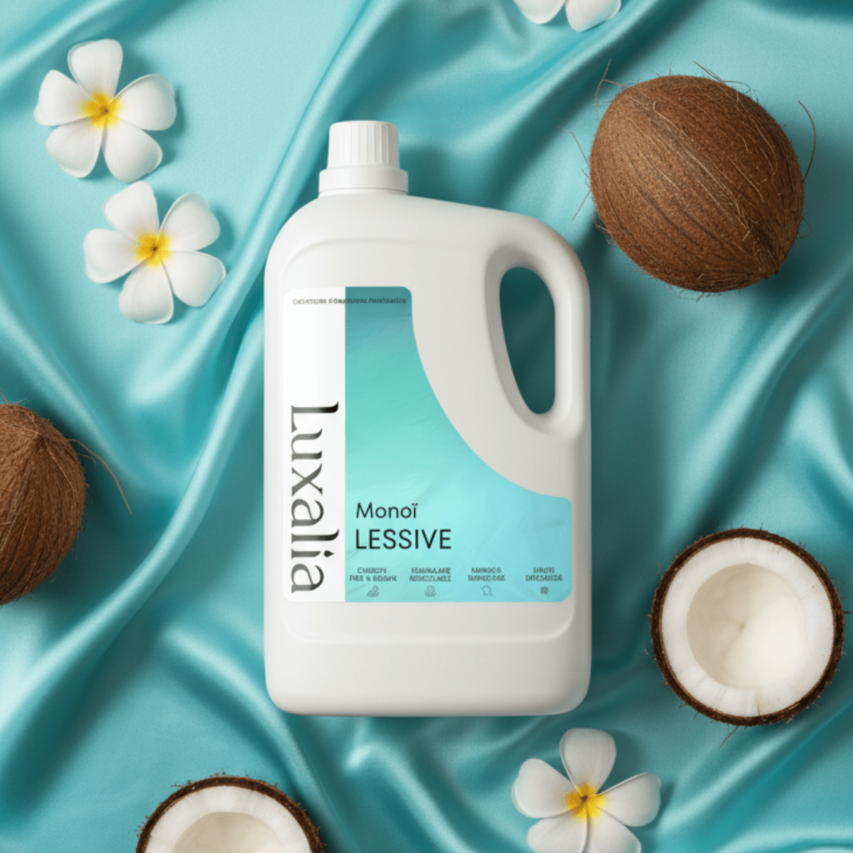Detergente para ropa Monoi de 5 litros - Sin conservantes MIT / BIT / CMIT - Flor de tiare y coco - Hasta 200 lavados - Eficaz en ciclos fríos y cortos - Luxalia