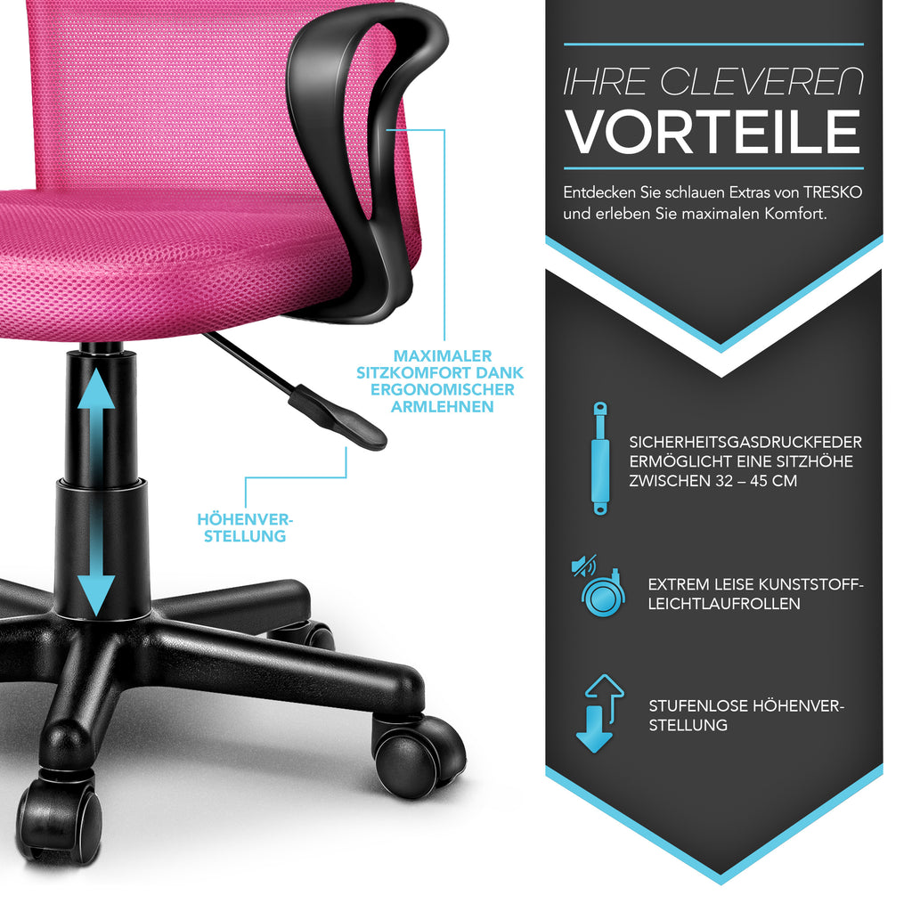 Silla de Oficina TRESKO® con Reposabrazos, Altura Ajustable Continua | Silla Giratoria de Malla Transpirable | Silla de Escritorio con Ruedas de Plástico Ligeras, Superficie Acolchada, Ajuste Ergonómico | Silla de Ordenador Ideal para Oficina en Casa, Hab