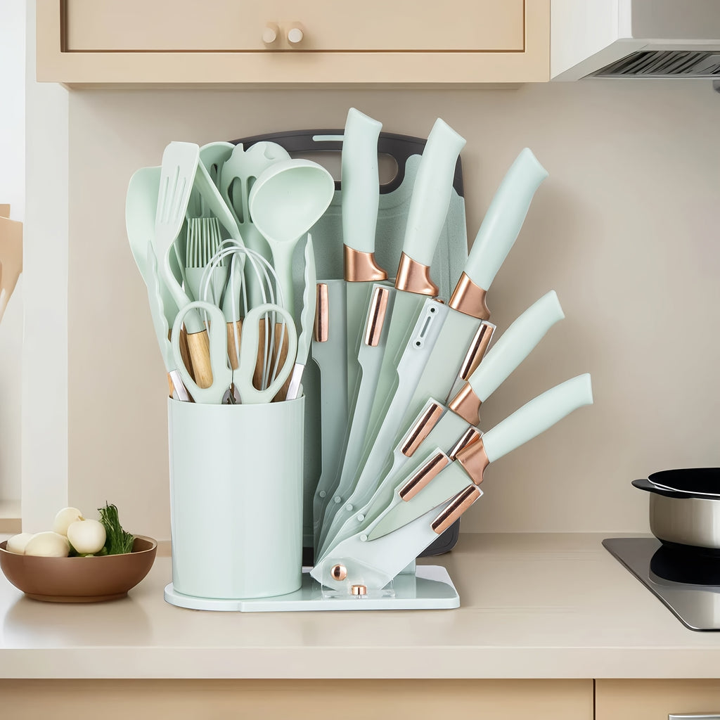 Juego de 19 Piezas de Cuchillos de Cocina con Bloque de Ventilación en Varios Colores. Incluye Cuchillo de Chef, Cuchillo de Carnicería, Cuchillo para Pan, Cuchillo Multiusos, Cuchillo para Frutas y Herramientas de Cocina. Hojas de Acero Inoxidable Premiu