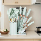 Juego de 19 Piezas de Cuchillos de Cocina con Bloque de Ventilación en Varios Colores. Incluye Cuchillo de Chef, Cuchillo de Carnicería, Cuchillo para Pan, Cuchillo Multiusos, Cuchillo para Frutas y Herramientas de Cocina. Hojas de Acero Inoxidable Premiu