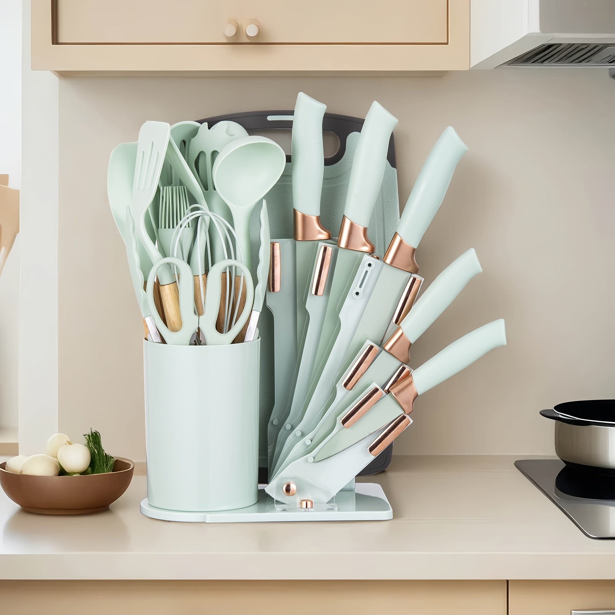 Juego de 19 Piezas de Cuchillos de Cocina con Bloque de Ventilación en Varios Colores. Incluye Cuchillo de Chef, Cuchillo de Carnicería, Cuchillo para Pan, Cuchillo Multiusos, Cuchillo para Frutas y Herramientas de Cocina. Hojas de Acero Inoxidable Premiu