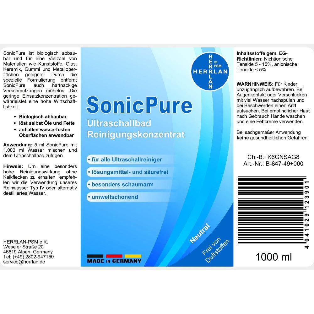 HERRLAN® SonicPure Concentrado de Limpieza Ultrasónica 1000 ml - Concentrado Líquido para Limpiadores Ultrasónicos y Estuche de Gafas - Hecho en Alemania