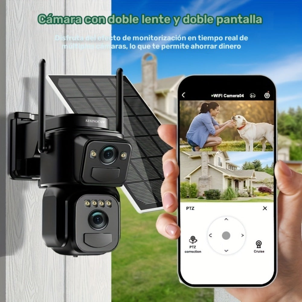 1pc [8x Zoom] WiFi CCTV, Nueva Lente Dual 2025 – PTZ + Cobertura Fija – Baby Monitor, Montaje en Techo/Mástil, 360° Smart Automático Seguimiento Humano, Listo para Granjas y Familias, Sin Zonas Ciegas – 2 Lentes al Precio de 1, Cámara de Seguridad Solar W