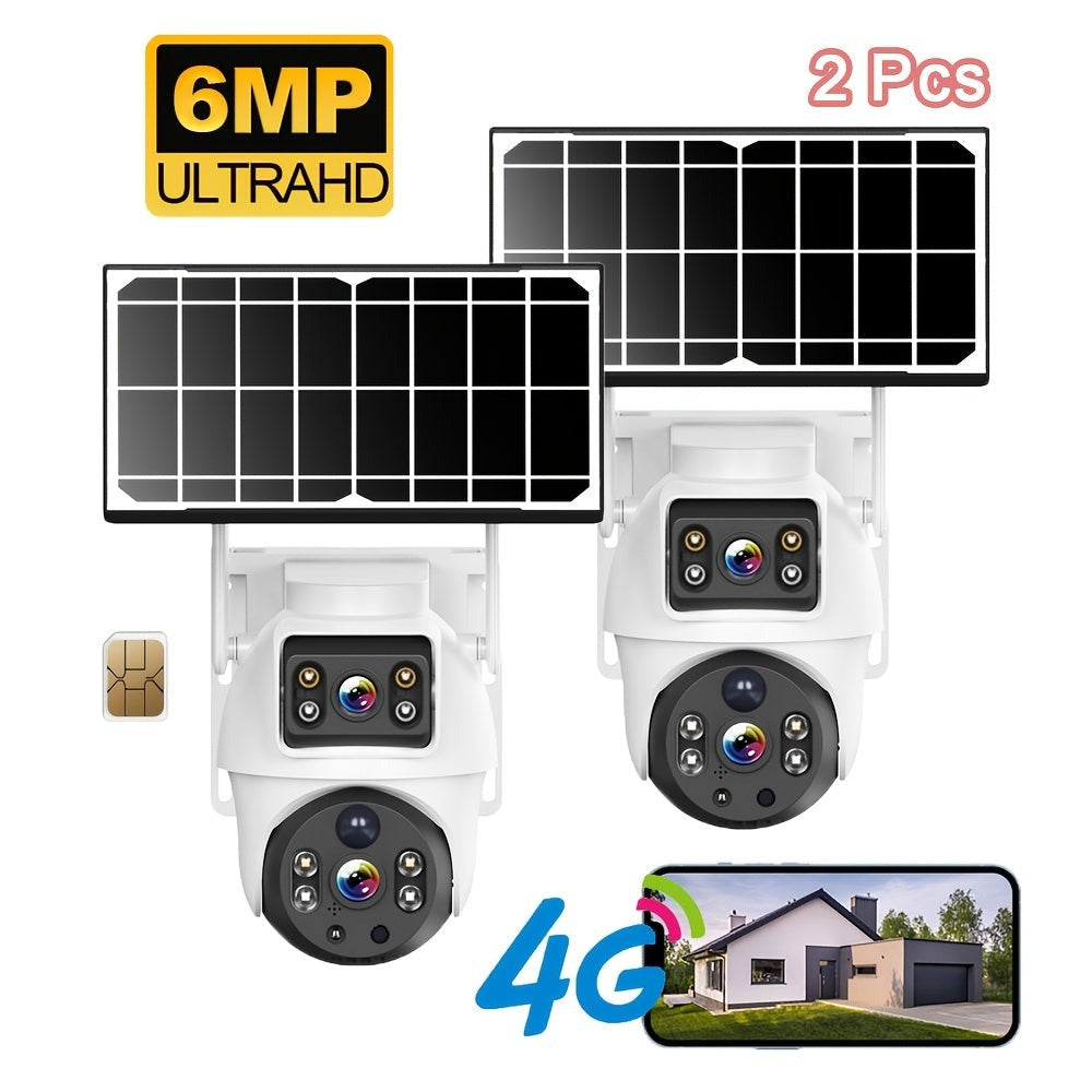 2 Piezas Cámara Binocular Solar WiFi Exterior 6MP, Detección de Humanos, Seguimiento de Movimiento, Intercomunicador Bidireccional, Visión Nocturna a Color, Alertas por Notificación