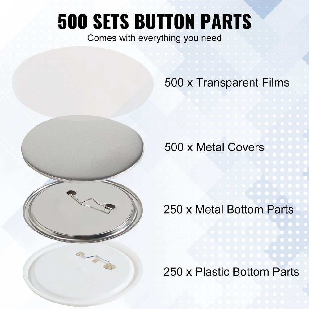 VEVOR 2,25" 58 mm Suministros de partes de medallón para máquina de fabricación de botones 500 juegos (máquina no incluida)