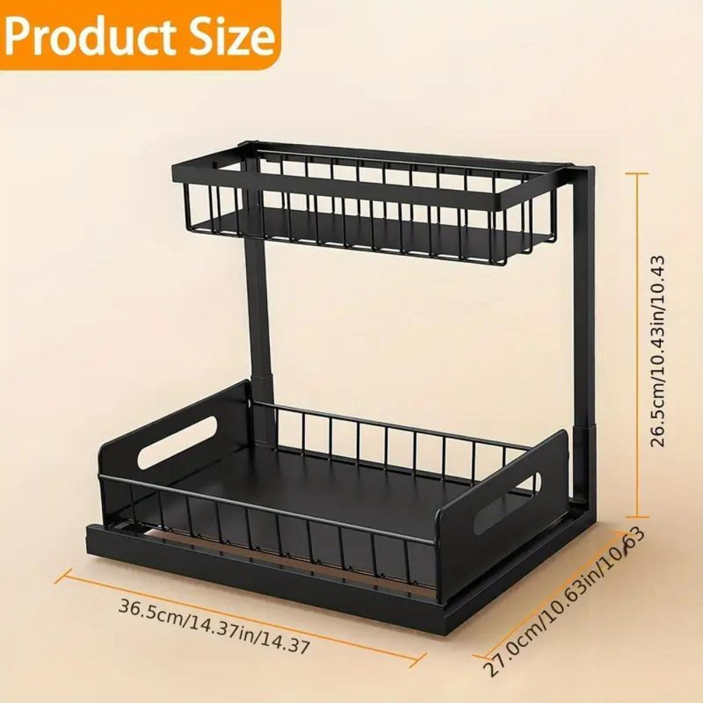 2 estantes metálicos para fregadero, estantes de almacenamiento de gabinete de 2 pisos con cajones deslizantes, gabinetes de almacenamiento extraíbles para fregadero, cocina, baño, despensa, estantes multiusos para fregadero, organizadores debajo del freg