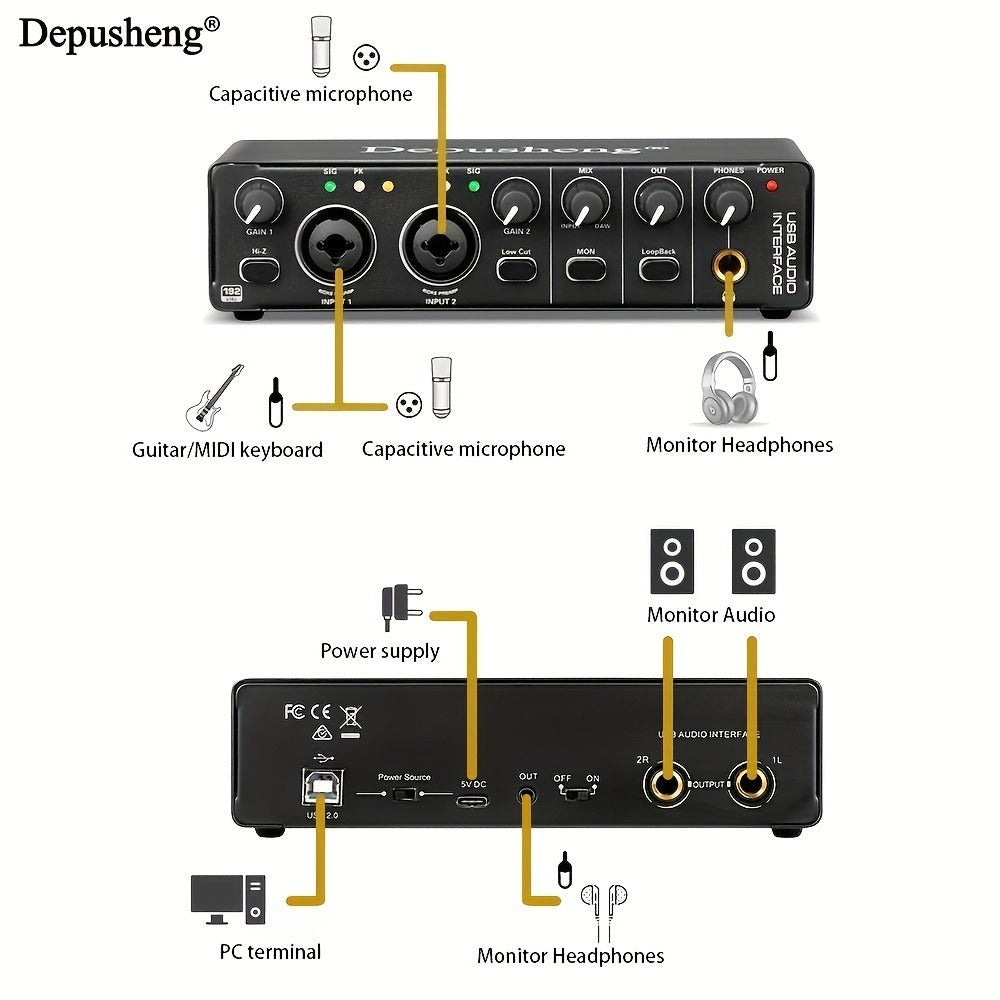 Interfaz de audio profesional Depusheng, tarjeta de sonido, 24 bits/192 kHz, XLR y alimentación fantasma, para guitarra eléctrica, PC/streaming/Win, alimentación por USB