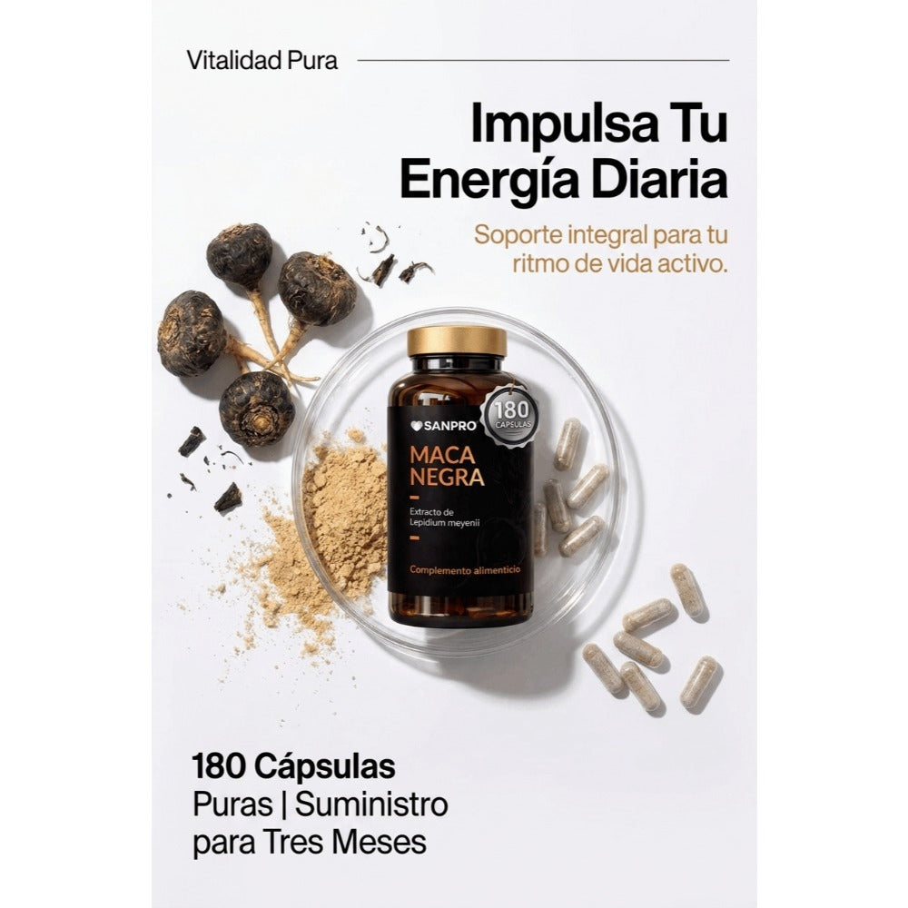 Maca Negra Cápsulas con Zinc 10:1 Extracto de Lepidium Meyenii 180 Cápsulas Complemento Alimenticio | 200 mg Maca Negra + 10 mg Zinc (100% VRN) | Fabricado en España | Envase 180 Cápsulas