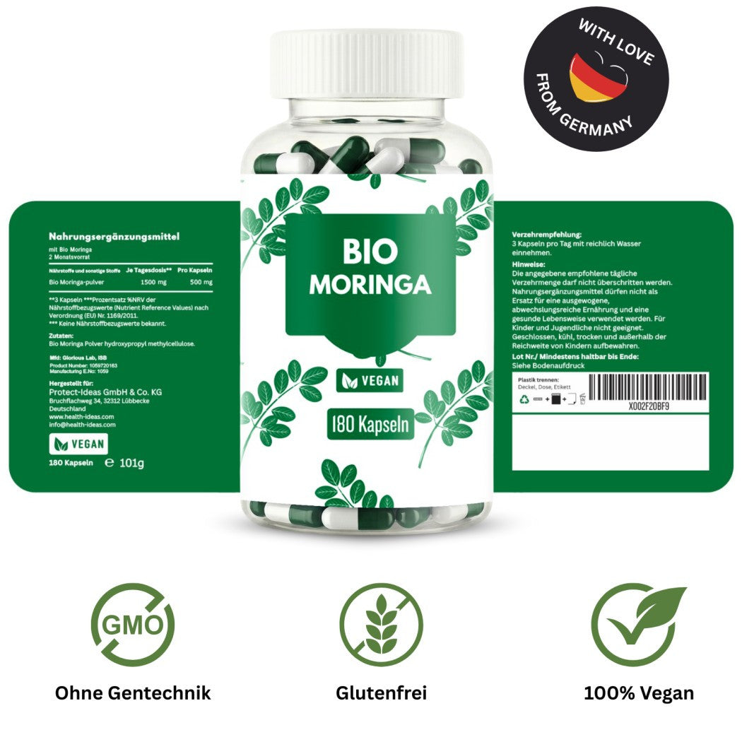 Cápsulas de Moringa de Alta Dosis – 1500 mg Dosis Diaria – 180 Cápsulas Veganas de Moringa – Hechas de Polvo de Moringa – Suplemento de Moringa Probado en Laboratorio – Sin Aditivos