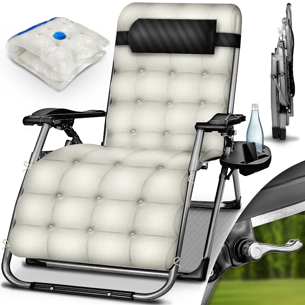 Tillvex® Tumbona Reclinable Plegable hasta 200Kg, Sillón de Sol para Jardín Exterior, Resistente a la Intemperie para Balcón, Jardín y Terraza, Ajustable con Acolchado Grueso, Reclinable, Extra Ancha, con Soporte para Bebidas