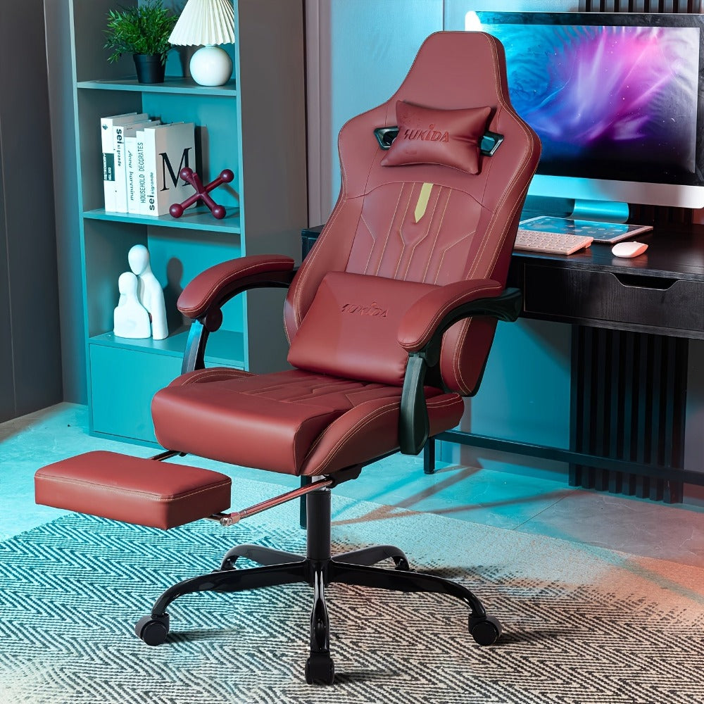Silla de Juego y Oficina, Silla de Computadora con Reposapiés, Reposacabezas y Soporte Lumbar, Silla Ergonómica, Silla Giratoria y Ajustable en Altura, Opciones en Gris, Beige, , Marrón y Verde