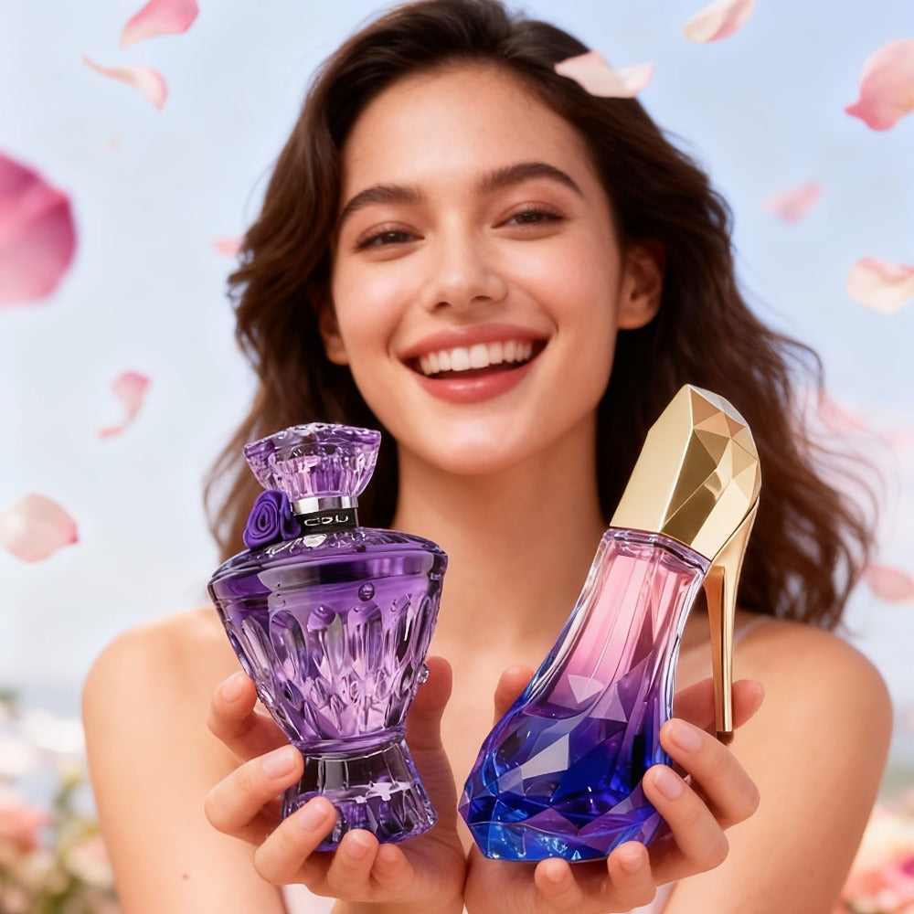 2 Piezas Set de Perfume con Tacón Alto Morado y Piedra Preciosa Morada (30+75ml) Gran Capacidad, Fragancia Duradera | Notas de Bergamota, Tuberosa y Madera | Regalo Perfecto para Fiestas y Uso Personal