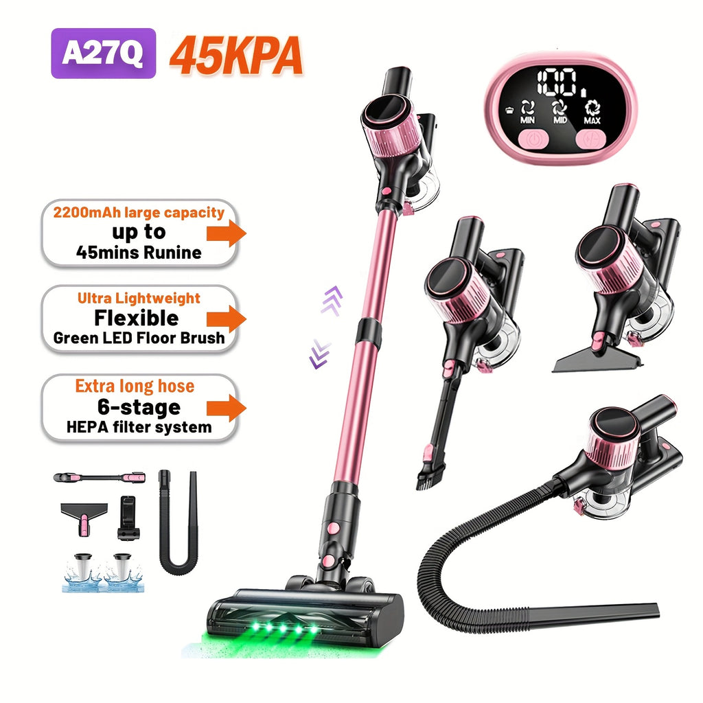 Aspiradora Inalámbrica de Alta Succión para el Hogar, Aspiradora Multiusos 10 en 1 con Cañón, Autonomía de 45 Minutos, 3 Modos de Succión con Luces LED Verdes Mejoradas y Cepillo Sin Enredos para Hogar, Pisos de Madera, Alfombras y Pelo de Mascotas