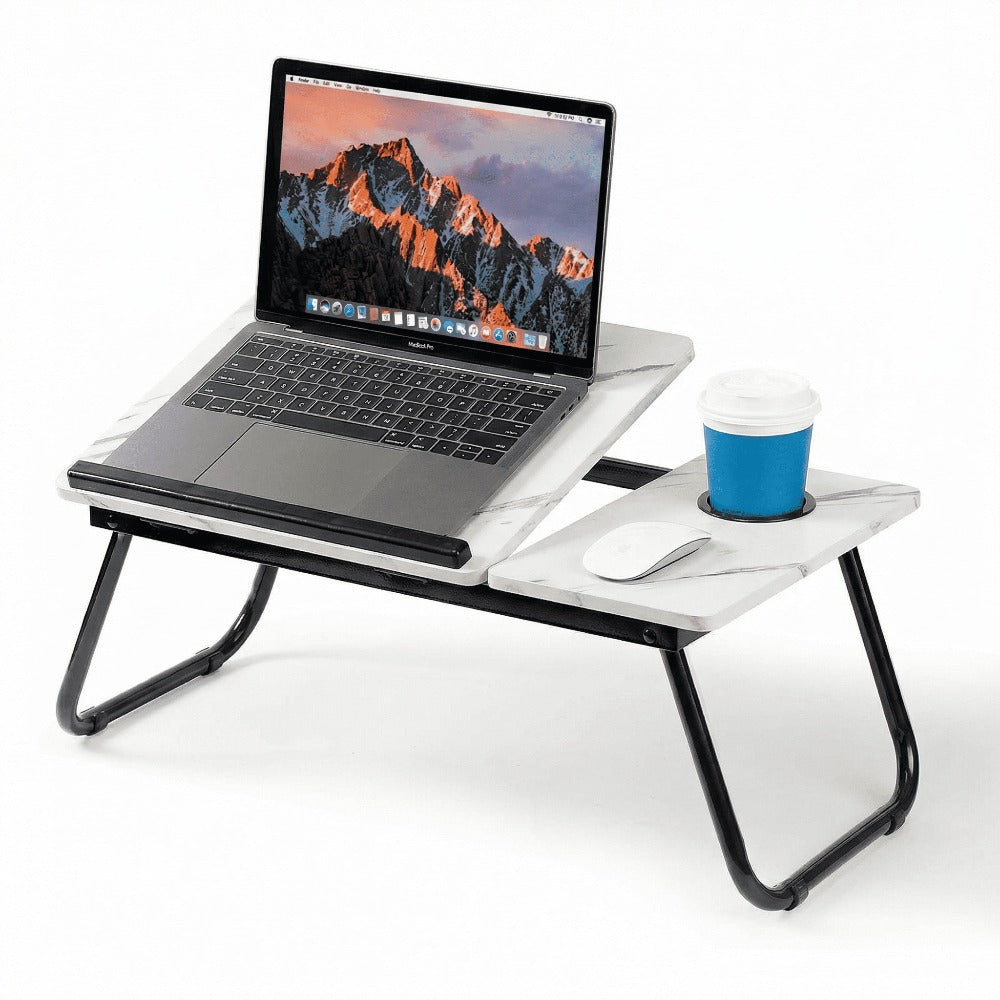 Mesa plegable para cama y sofá con altura ajustable de 5 niveles, bandeja con superficie ajustable y portavasos, mesa pequeña multifunción para ordenador, libros, trabajo y estudio en casa (56x32x25cm)