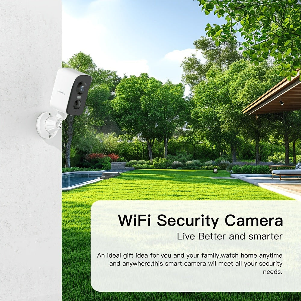Cámara de seguridad LaxiHub Wifi para exterior con batería, resolución de video 3MP 1296P FHD, cámara CCTV con batería de 5200mAh para seguridad del hogar, detección de movimiento con IA, foco, visión nocturna a color, audio bidireccional