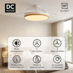 Ventilador de Techo con Luz LED Aspas Retráctiles, SPTO-2, 3 Tonalidades, Control Remoto, 6 Velocidades, Motor DC Silencioso, Temporizador, Sin WiFi