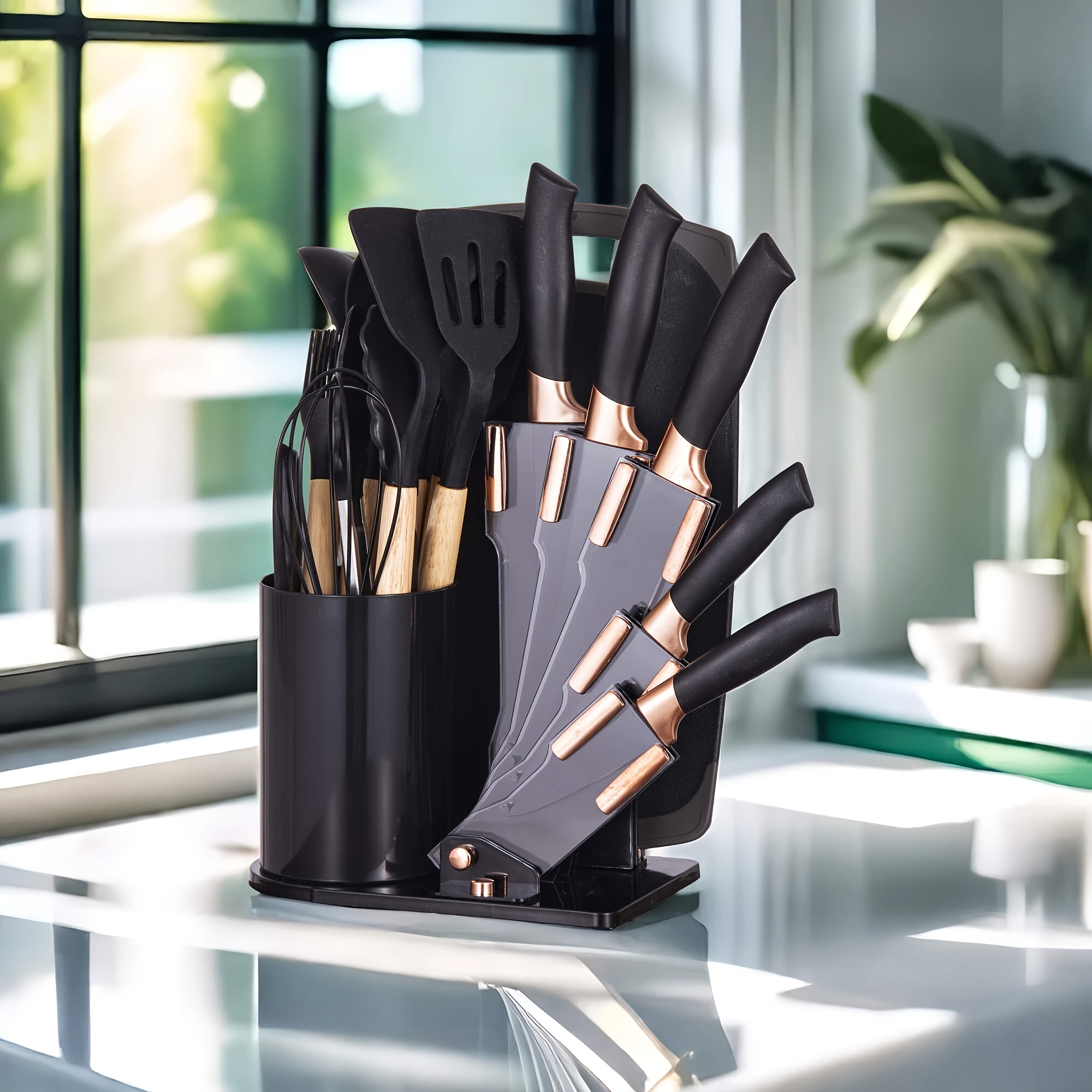 Juego de 19 Piezas de Cuchillos de Cocina con Bloque de Ventilación en Varios Colores. Incluye Cuchillo de Chef, Cuchillo de Carnicería, Cuchillo para Pan, Cuchillo Multiusos, Cuchillo para Frutas y Herramientas de Cocina. Hojas de Acero Inoxidable Premiu
