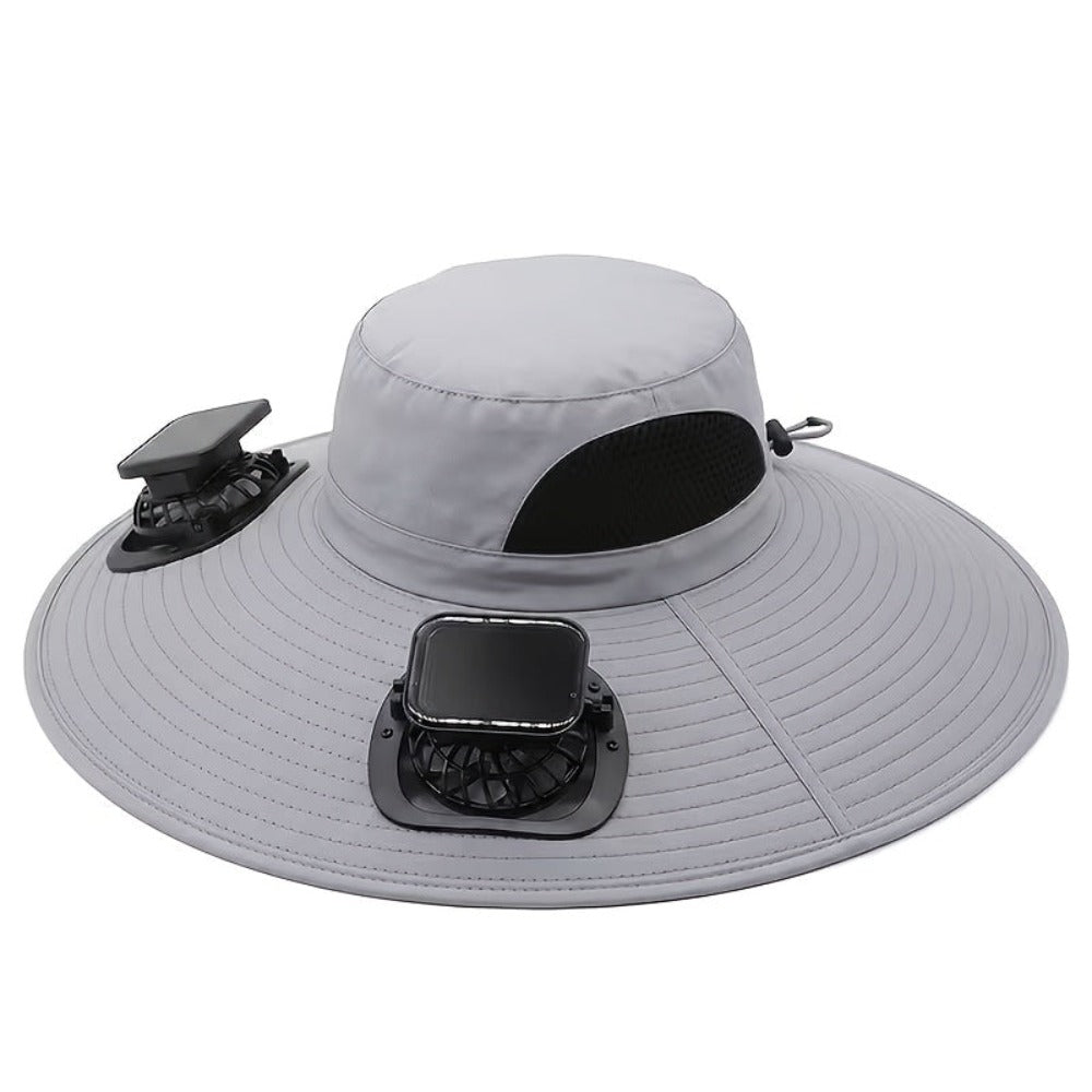 Sombrero refrescante con energía solar, con dos ventiladores desmontables y ala ancha para protección solar al aire libre. Ofrece batería de larga duración, flujo de aire ajustable y un diseño transpirable y cómodo, ideal para actividades como pesca, nave