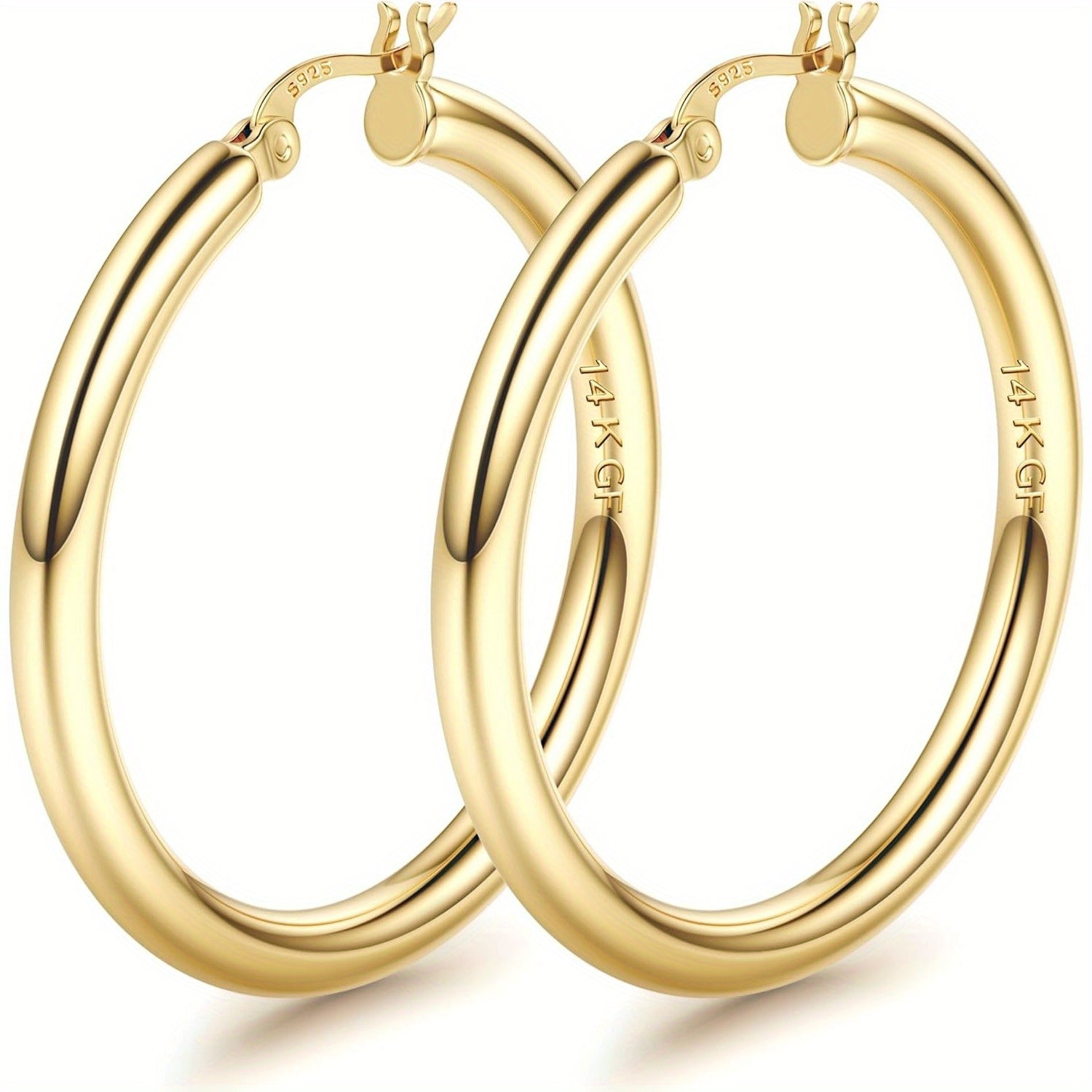 Pendientes de aro plateados de oro de 14K para mujer con poste de plata 925, aros huecos de 4 mm de grosor, aros dorados, aros grandes dorados hipoalergénicos y ligeros de 25/30/40/50/60/70 mm