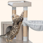 Árbol para Gatos con Gabinete para Caja de Arena, Gabinete para Gatos, Casa Moderna para Gatos 4 en 1 con Plataforma Grande, Casa para Gatos con Rascador de Sisal, Postes, Escaleras y Pompón, Cojines Lavables, Marfil Claro/Blanco