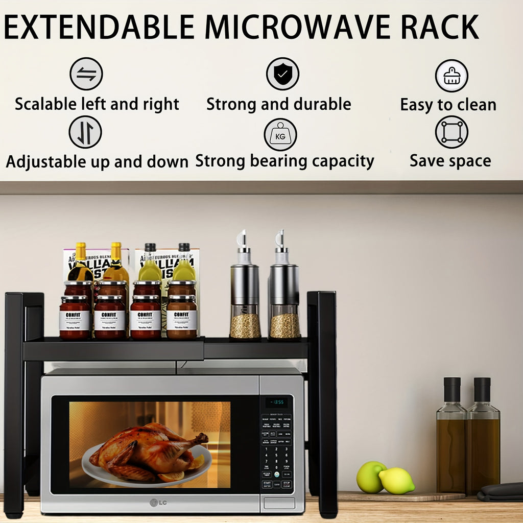 Estante Extensible para Microondas de 2 Niveles con 5 Ganchos, Soporte para Tabla de Cortar y 3 Toallas, Organizador de Cocina, Estante para Hornear en Microondas para Encimeras, Extensible de 40-64 cm (, Blanco)
