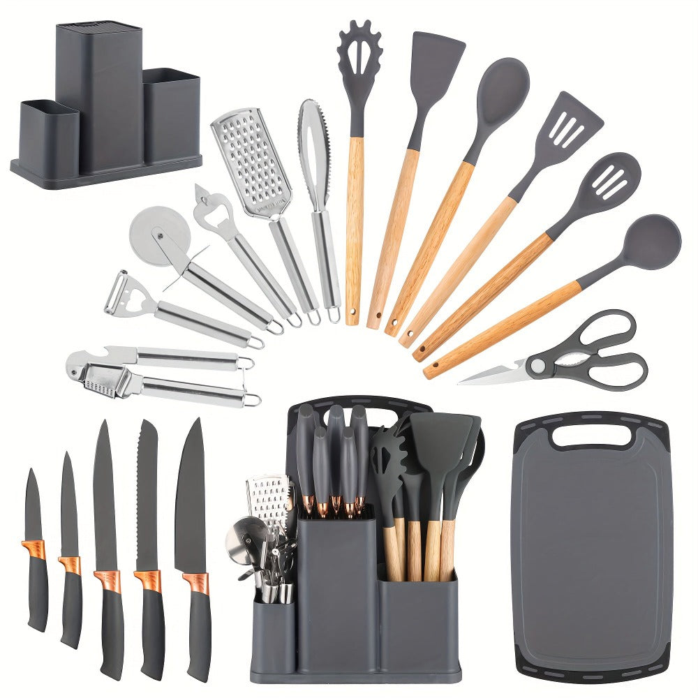 Colección de 20 piezas de cuchillos profesionales con soporte. Cuchillo de chef, cuchillo de carnicero, cuchillo para pan, cuchillo para rebanar, cuchillo deshuesador y utensilios de cocina completos. Construcción de espiga completa con mangos antidesliza