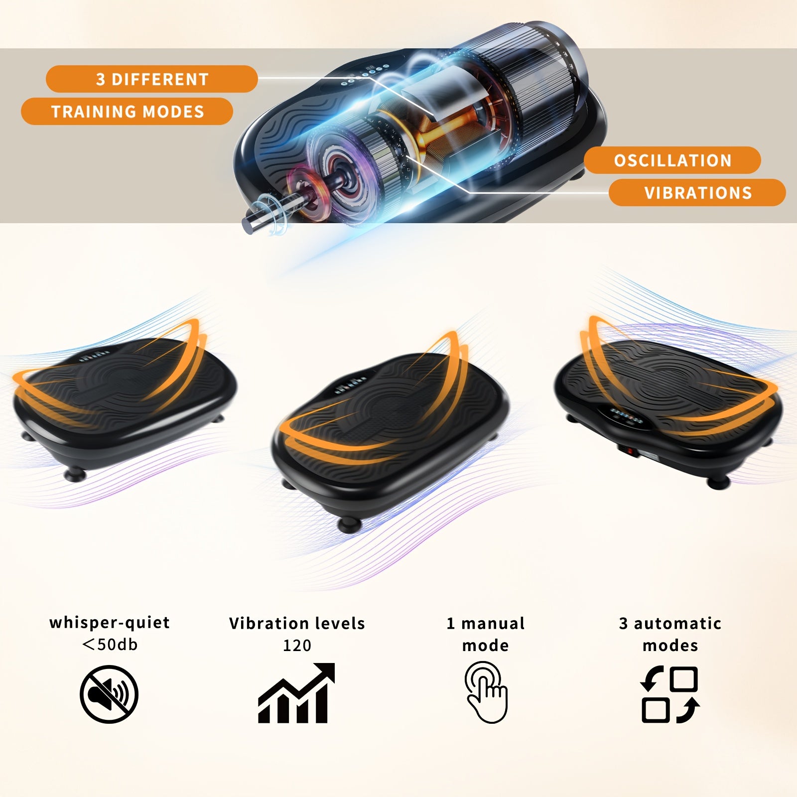 Placa vibratoria inteligente, ajuste de 120 velocidades, motor de 200W, 1 modo manual y 3 modos automáticos, botones de acceso rápido LCD, control remoto + altavoz de música, bandas de resistencia + esterilla de yoga, plataforma de fitness para el hogar p