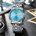 OLEVS Reloj de Lujo para Hombre, Diseño Elegante de Negocios con Diamantes de Imitación, Cuarzo Clásico de Acero Inoxidable para Hombre, Calendario Diurno Luminoso, Ideal para Regalos Románticos, Disponible en Esfera Azul/Negro/Blanco/Dorado