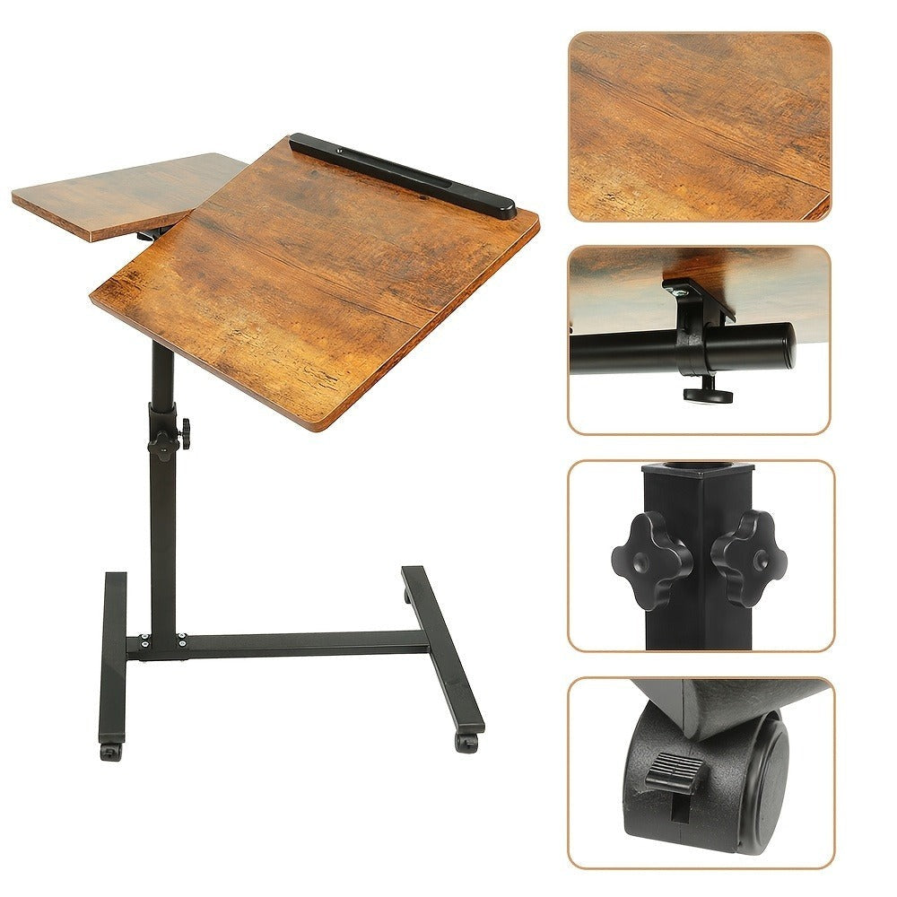 Escritorio Ajustable para Laptop, 60 X 34.5 X 58-90 Cm, Mesa Plegable para Cama, Mesa de Sofá con Ruedas, Soporte Elevable para Laptop Giratorio 360 Grados, Escritorio de Madera para Sofá y Laptop