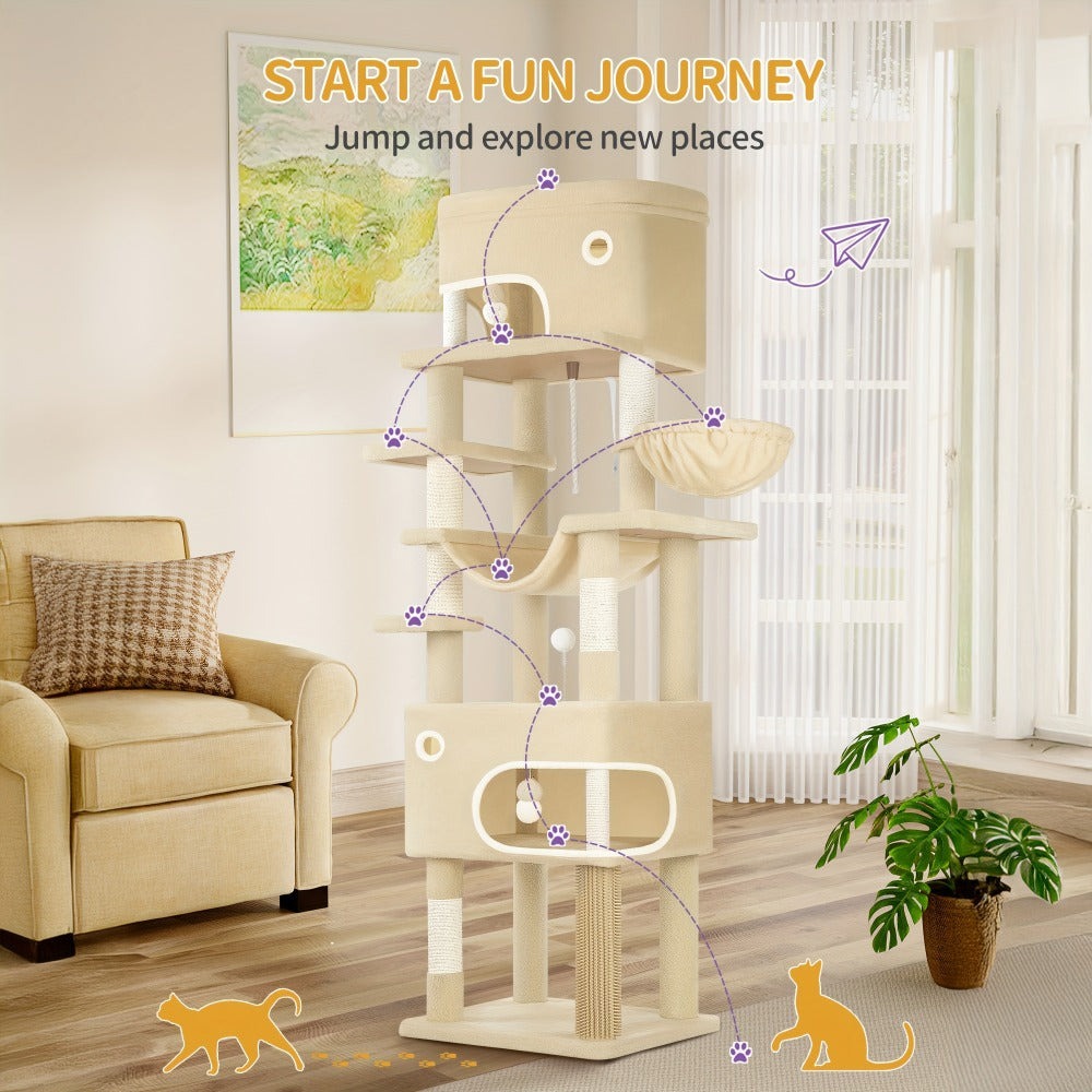 Árbol para Gatos, 203 cm con Plataforma Grande, Cueva Doble, 7 Postes Rascadores Pomponas Reposadería Hamaca Adecuado Para Todo TipodeGato Gris Claro/grisescuro Beige