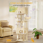 Árbol para Gatos, 203 cm con Plataforma Grande, Cueva Doble, 7 Postes Rascadores Pomponas Reposadería Hamaca Adecuado Para Todo TipodeGato Gris Claro/grisescuro Beige