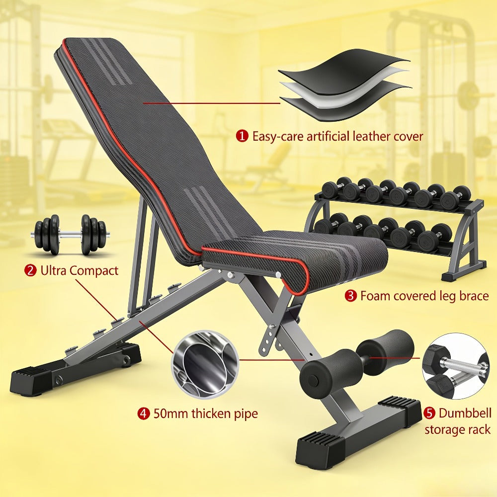 1 Banco de Halteres Plegable y Ajustable - Taburete de Fitness para Entrenamiento de Peso que Ahorra Espacio para Gimnasio, Entrenamiento Físico, Ejercicio Corporal y en Casa - Diseño Compacto, Portátil y Ergonómico