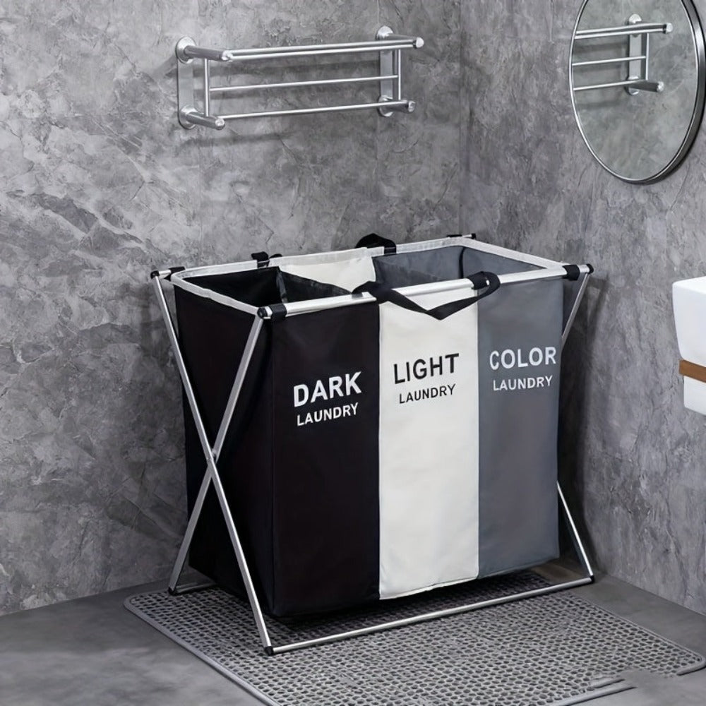 Cesto de lavandería plegable extra grande con tres compartimentos, cesta clasificadora de ropa plegable - Tela Oxford, estructura de aluminio duradera, bolsa de almacenamiento portátil y rectangular con asas - Perfecto para usar en el baño o el dormitorio