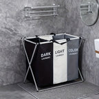 Cesto de lavandería plegable extra grande con tres compartimentos, cesta clasificadora de ropa plegable - Tela Oxford, estructura de aluminio duradera, bolsa de almacenamiento portátil y rectangular con asas - Perfecto para usar en el baño o el dormitorio