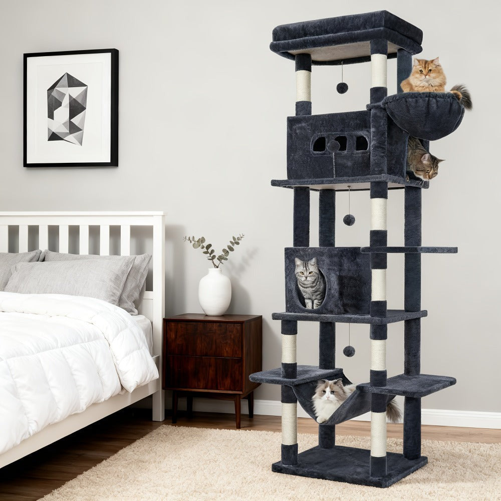 Árbol para Gatos de Interior, Torre Alta de 210 cm con Múltiples Niveles, Casa para Gatos, 8 Postes Rascadores, Hamaca y 4 Pompones
