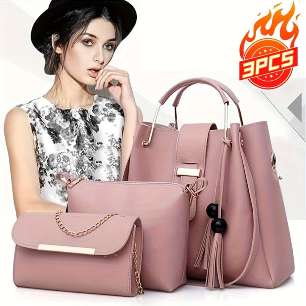 Conjunto de 3 bolsos de moda y versátiles para mujer con borlas de perlas, bolso tote de gran capacidad, bolso de mano exquisito y ligero, que satisface las necesidades del desplazamiento diario y los viajes, ideal para regalos de cumpleaños