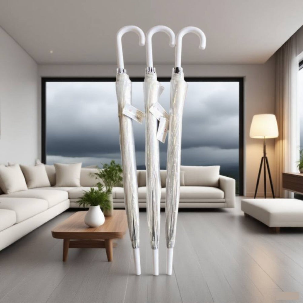 Paraguas de mango largo, mango blanco, agrandado y engrosado, resistente y duradero, con múltiples varillas y difícil de volcar, paraguas transparente, 83 cm, 1 pieza