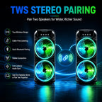 Altavoz Inalámbrico Portátil con Subwoofers Duales de 3 Pulgadas para Bajos Potentes, Radio FM, Luces LED para Fiestas, Micrófono Incorporado y Altavoces de Alto Volumen. Ideal para Uso Doméstico, Cumpleaños, Camping, Día de San Valentín, Pascua, Día de l
