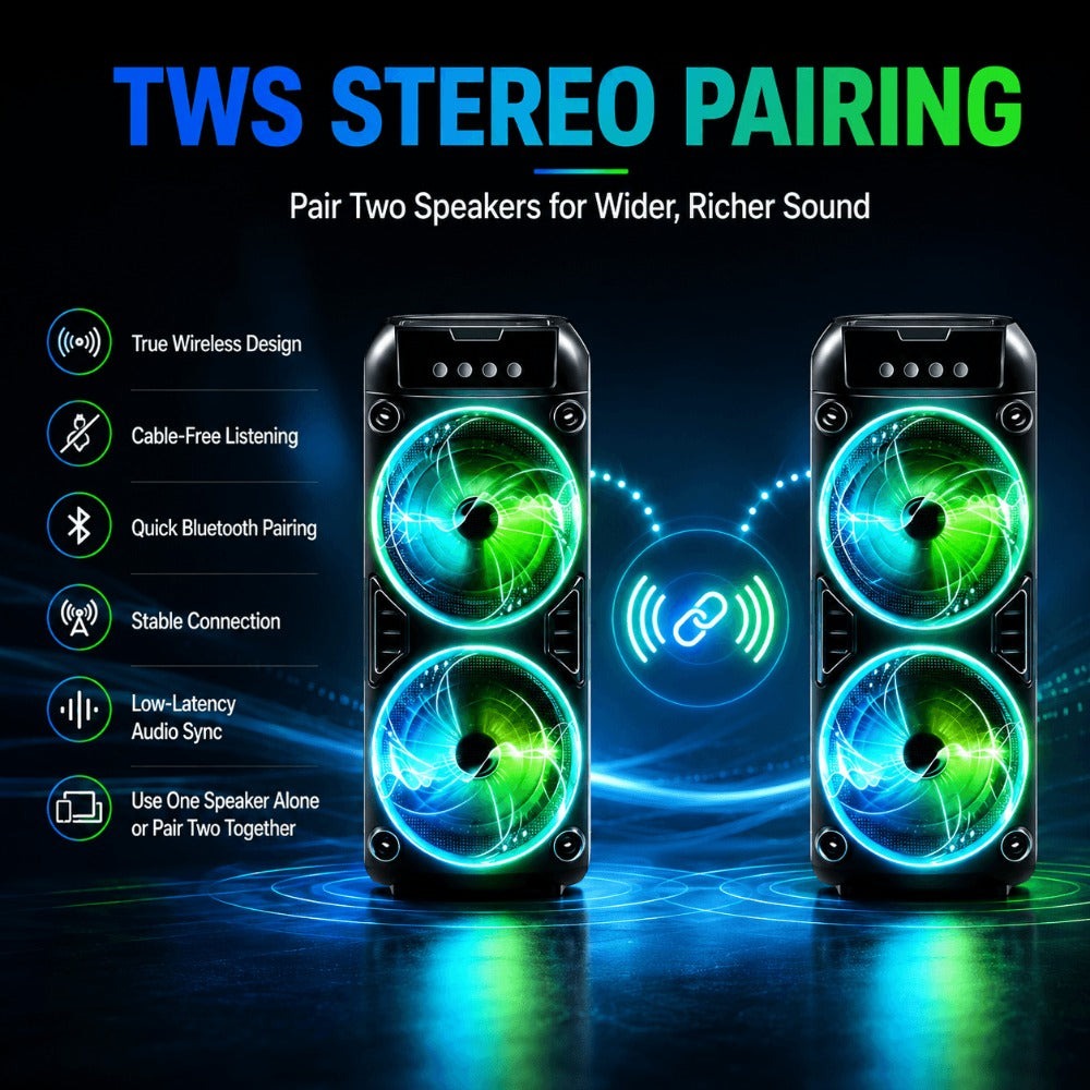 Altavoz Inalámbrico Portátil con Subwoofers Duales de 3 Pulgadas para Bajos Potentes, Radio FM, Luces LED para Fiestas, Micrófono Incorporado y Altavoces de Alto Volumen. Ideal para Uso Doméstico, Cumpleaños, Camping, Día de San Valentín, Pascua, Día de l