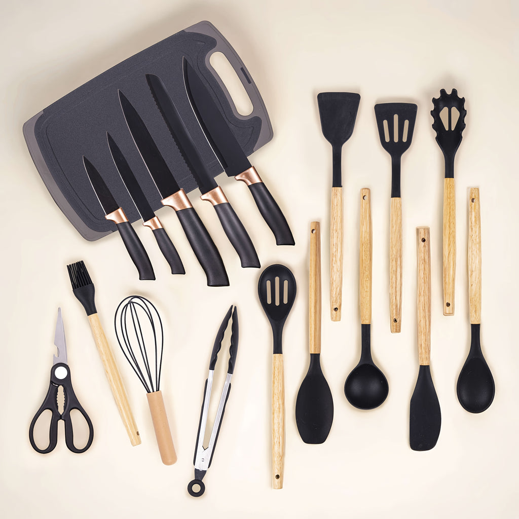 Juego de 19 Piezas de Cuchillos de Cocina con Bloque de Ventilación en Varios Colores. Incluye Cuchillo de Chef, Cuchillo de Carnicería, Cuchillo para Pan, Cuchillo Multiusos, Cuchillo para Frutas y Herramientas de Cocina. Hojas de Acero Inoxidable Premiu