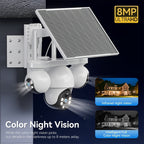 Cámara de seguridad solar solar exterior de 8MP con triple lente y triple vista 4G, videovigilancia, rotación panorámica-inclinable PTZ 360°, seguimiento de movimiento, detección humana PIR, audio bidireccional, visión nocturna a todo color, notificacione