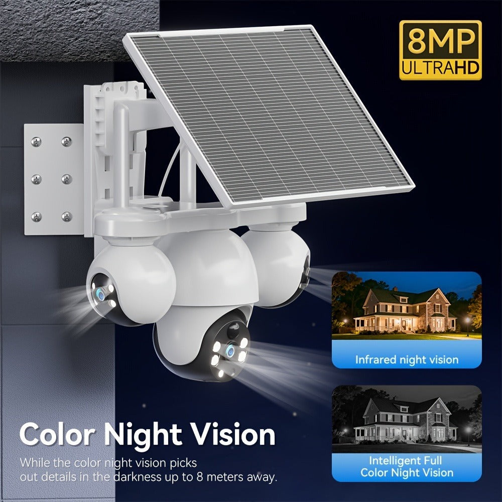Cámara de seguridad solar solar exterior de 8MP con triple lente y triple vista 4G, videovigilancia, rotación panorámica-inclinable PTZ 360°, seguimiento de movimiento, detección humana PIR, audio bidireccional, visión nocturna a todo color, notificacione