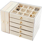 Caja de almacenamiento de joyas de gran capacidad con cajones y puerta lateral transparente, organizador multicapa para aretes, collares, anillos y pulseras, elegante solución de almacenamiento para tocador, joyeros