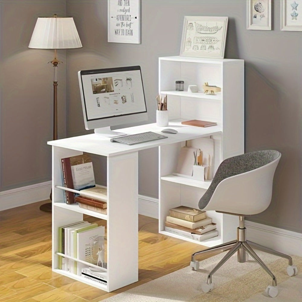 1 pza. Escritorio de ordenador de 120 cm, escritorio familiar con estantería, estante de almacenamiento, escritorio de estudio, escritorio moderno, escritorio de ordenador, inclinable, blanco, aspecto madera clara, 122x55x120cm