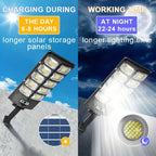 Luz de calle solar con sensor de movimiento y mando a distancia de 504 LED, luz solar de jardín con 3 modos de iluminación, reflector de seguridad de gran angular de 270°, luz de patio exterior de doble hilera superbrillante, para emergencias en calles co