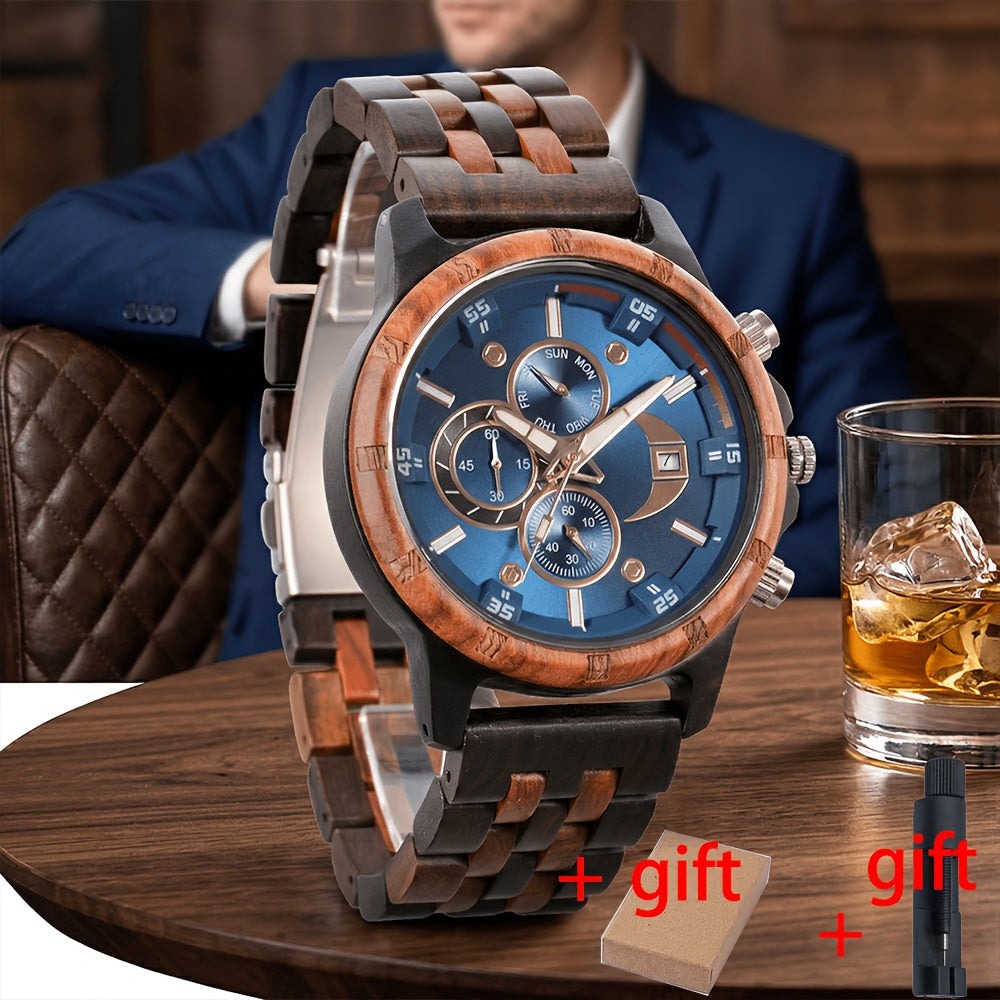 Relojes de Pulsera de Madera para Hombres, Relojes de Cuarzo de Moda con Fecha, Semana y Hora, Caja de Madera para Él