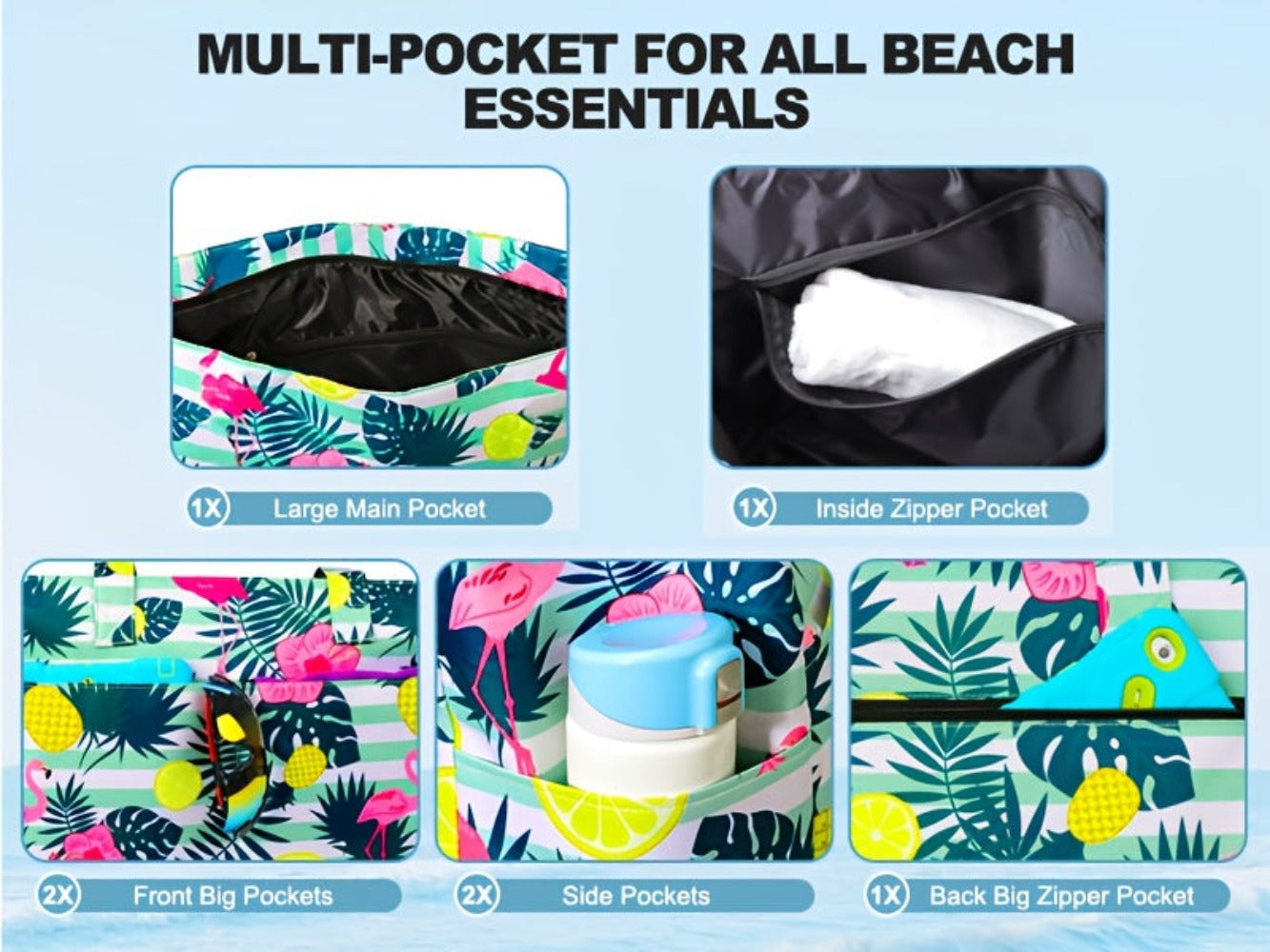 BAJACOM Bolso de Playa Extra Grande, Bolsas Tote con Cremallera, Bandolera Plegable Ligera para Mujeres, Compartimentos, Ideal para Viajes, Vacaciones y Gimnasio