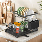 Escurridor de platos de 2 niveles con bandeja de goteo, escurridor de platos compacto para tazas, cuchillos, cucharas, tenedores - Regalo perfecto para mujeres, esposa, gadget de cocina para el Día de la Madre, tamaño 34 x 22 x 26cm