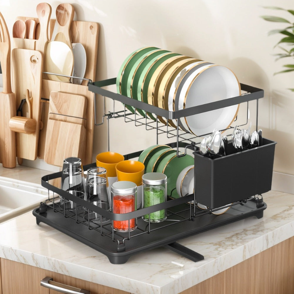 Escurridor de platos de 2 niveles con bandeja de goteo, escurridor de platos compacto para tazas, cuchillos, cucharas, tenedores - Regalo perfecto para mujeres, esposa, gadget de cocina para el Día de la Madre, tamaño 34 x 22 x 26cm