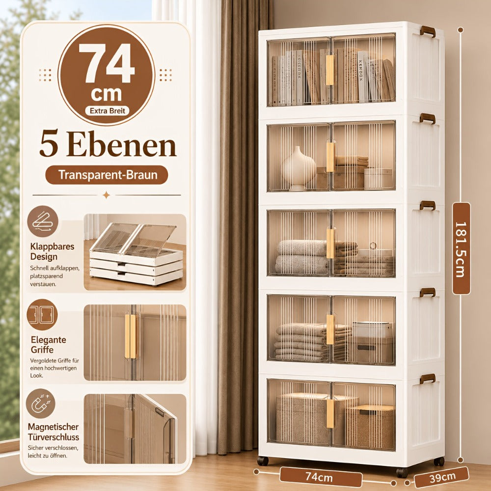 Armario de Almacenamiento Plegable con Ruedas y Puertas - Extra Gran Capacidad, Diseño Transparente para Dormitorio, Organización de Armario para Ropa, Documentos, Juguetes - Organizador de Plástico